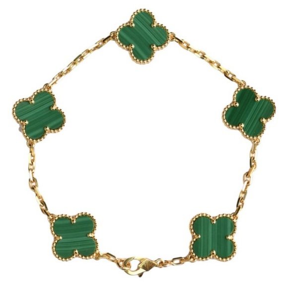 Clover Bracelet, 5-Motif Quatrefoil Alhambra, Green Malachite & Gold, New - Picture 4 of 7